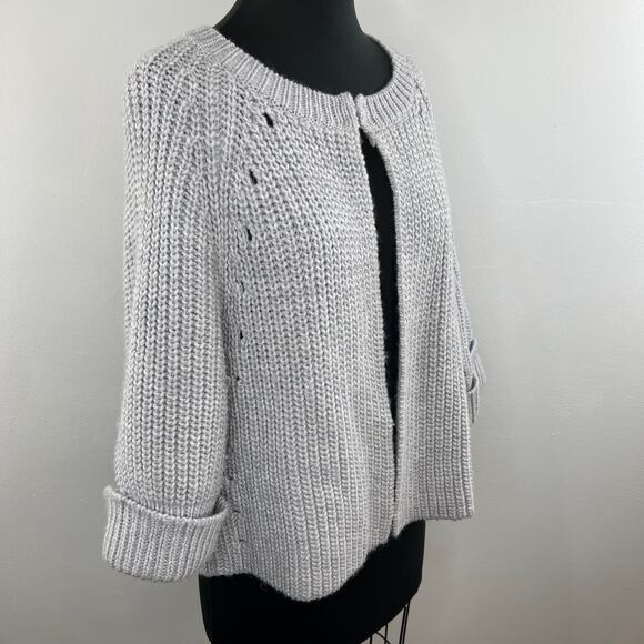 TRINA TURK Light Grey Thick Chunky Knit Ribbed Wool Blend Cardigan Sweater L - Picture 1 of 9